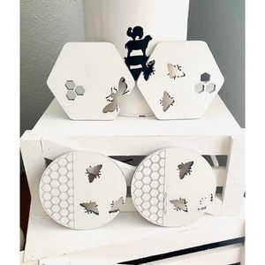 Set Of 4 White Farmhouse Inspired Bee Themed Wood Coasters